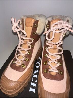 Coach Pink and Tan Lace-Up Shearling-Trim Boots